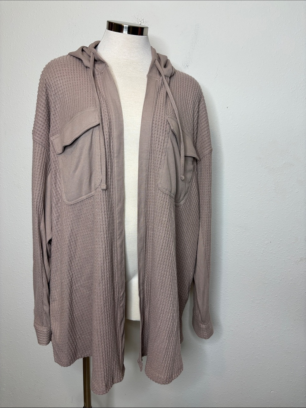 Maurices Taupe Hooded Waffle Knit Cardigan
